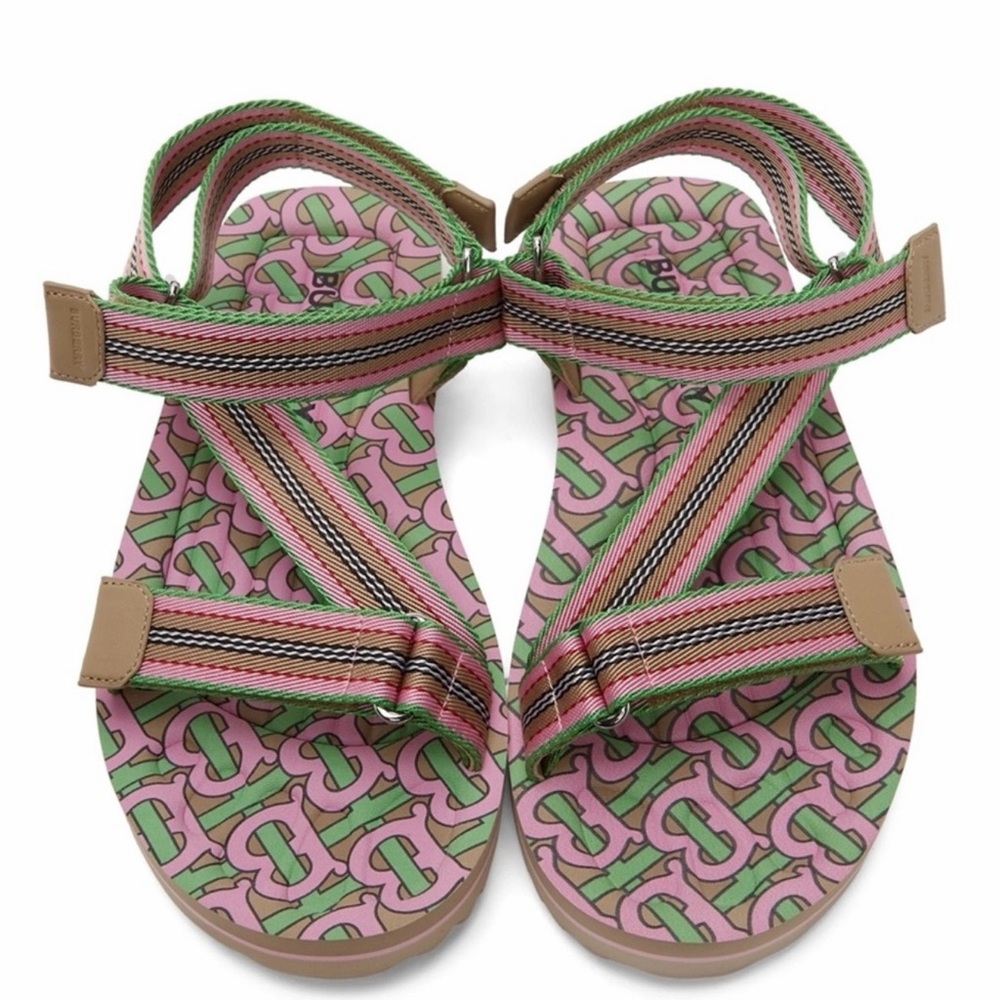 Burberry Pink & Green Patterned Strap Sandals with Tan Accents